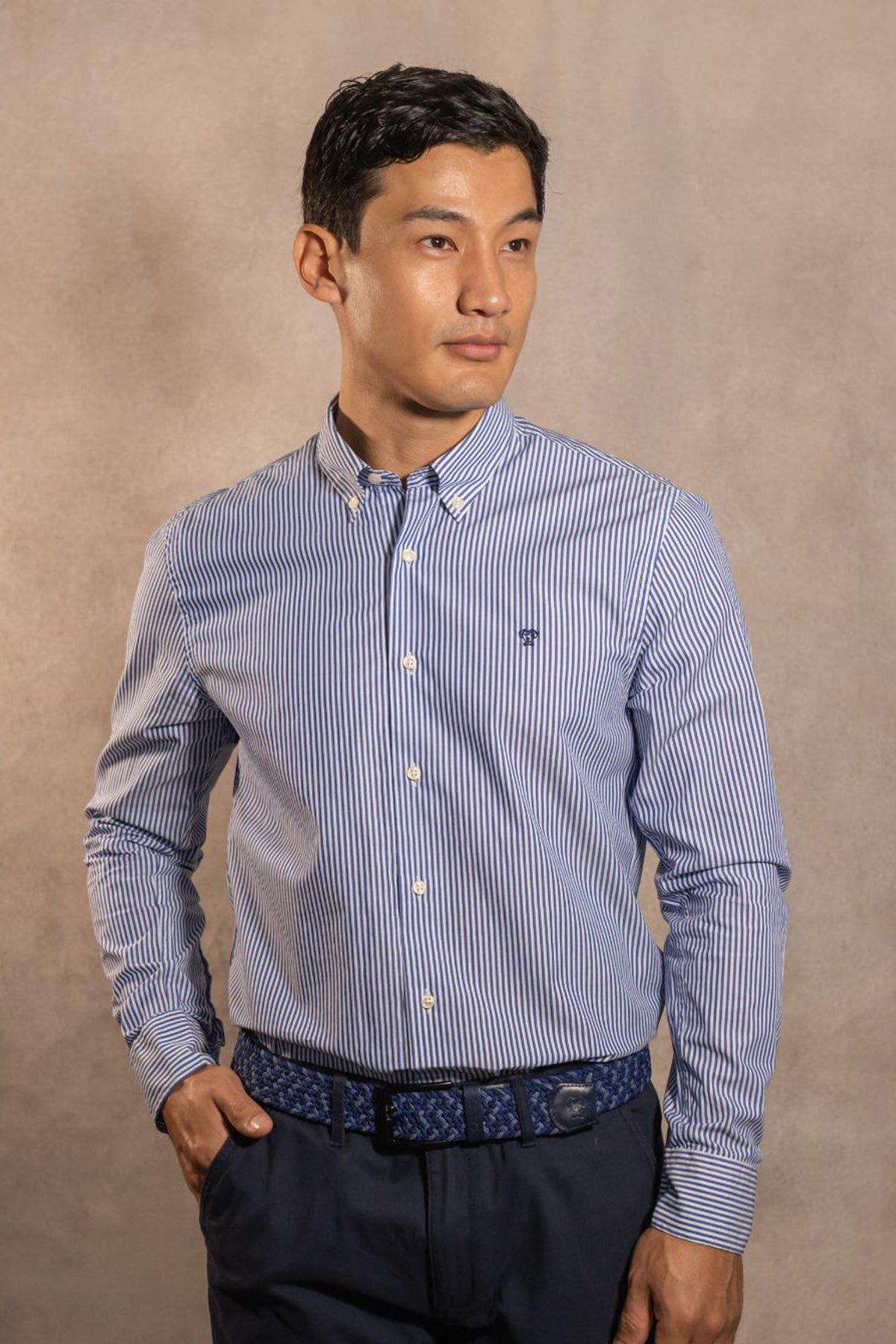 Camisa Antimanchas Popelina Rayas Azul Oscuro