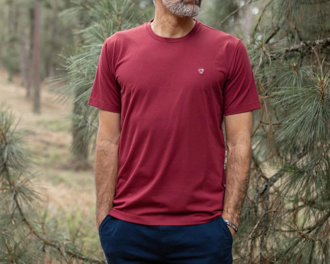 Camiseta Performance Vinotinto antiarrugas para hombre marca DANTE tallaje regular fit foto lifestyle completo