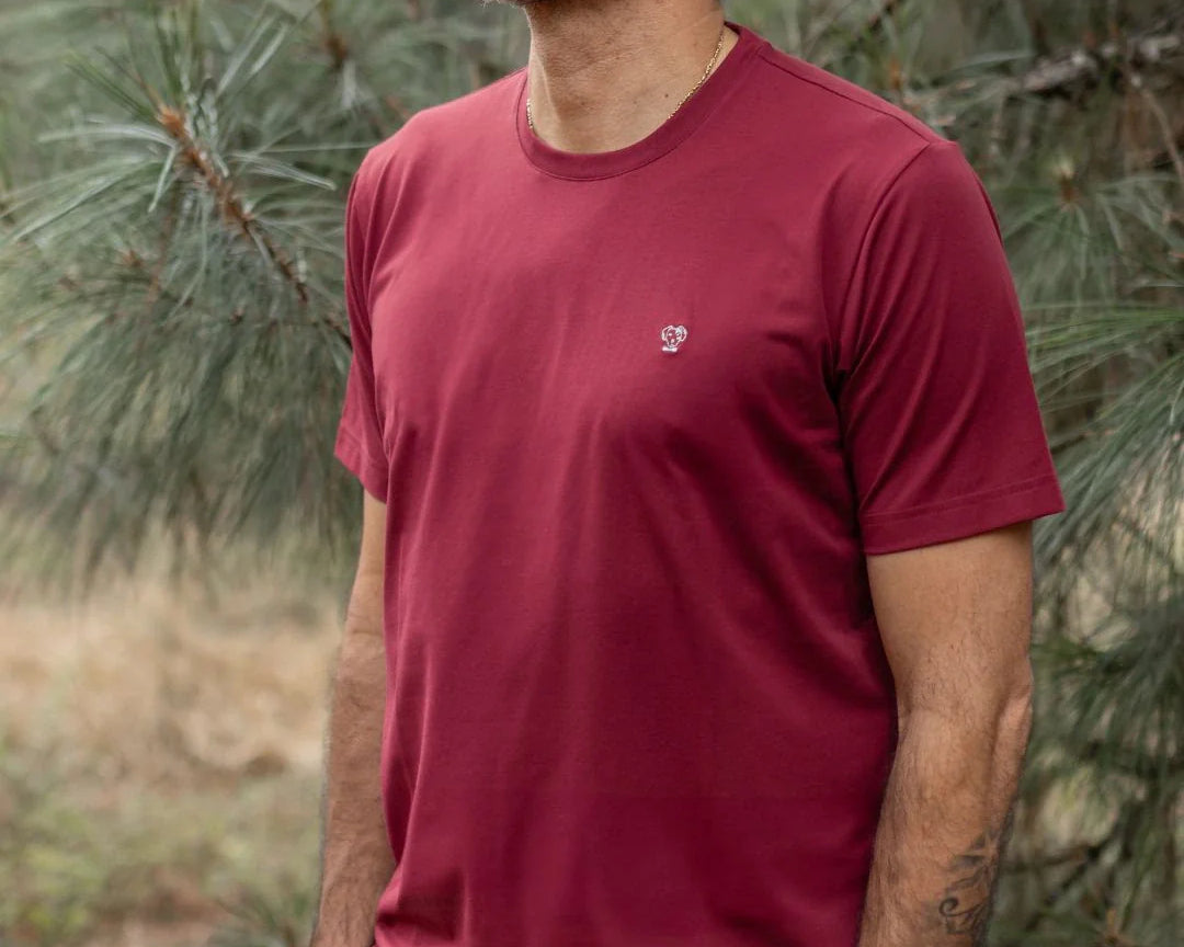 Camiseta Performance Vinotinto antiarrugas para hombre marca DANTE tallaje regular fit foto lifestyle yepes