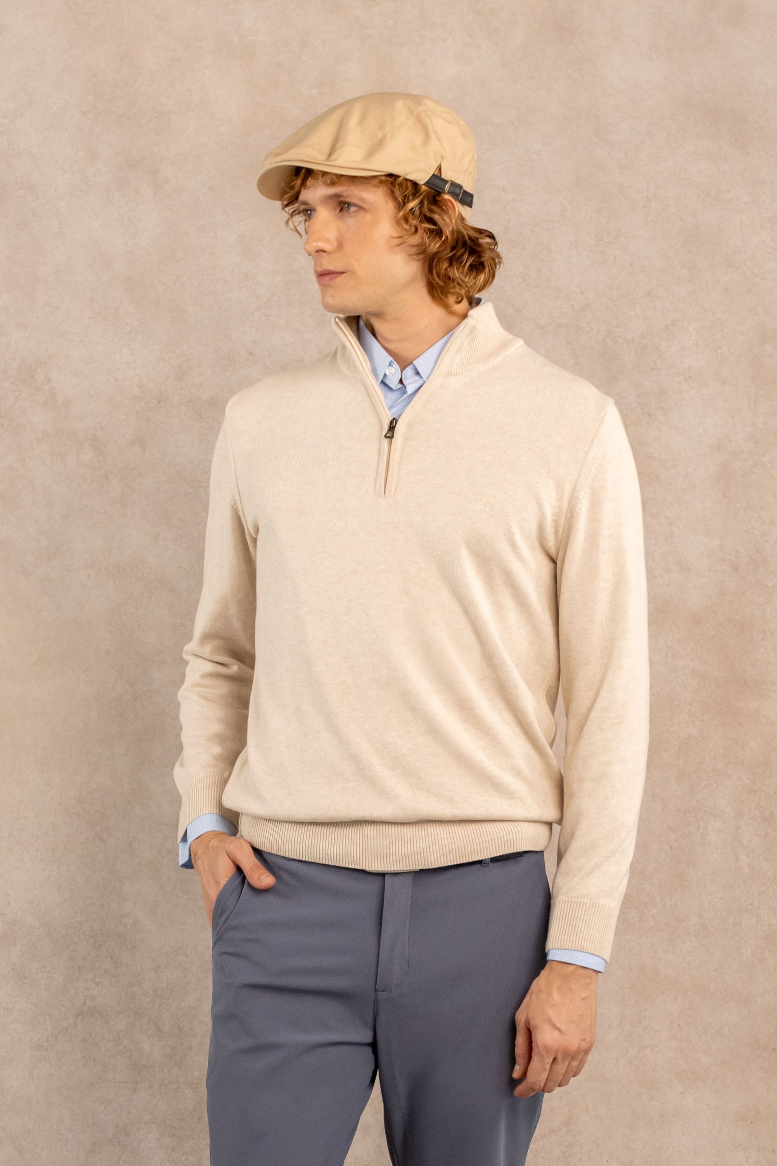 Halfzip Algodón Peinado Antiarrugas Marfil