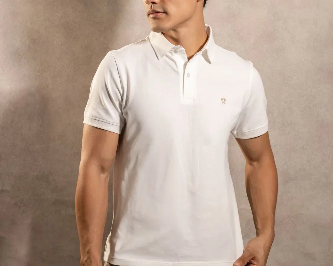 Polo Antimanchas Cuello Rígido Ivory marca DANTE tallaje regular fit foto
modelo