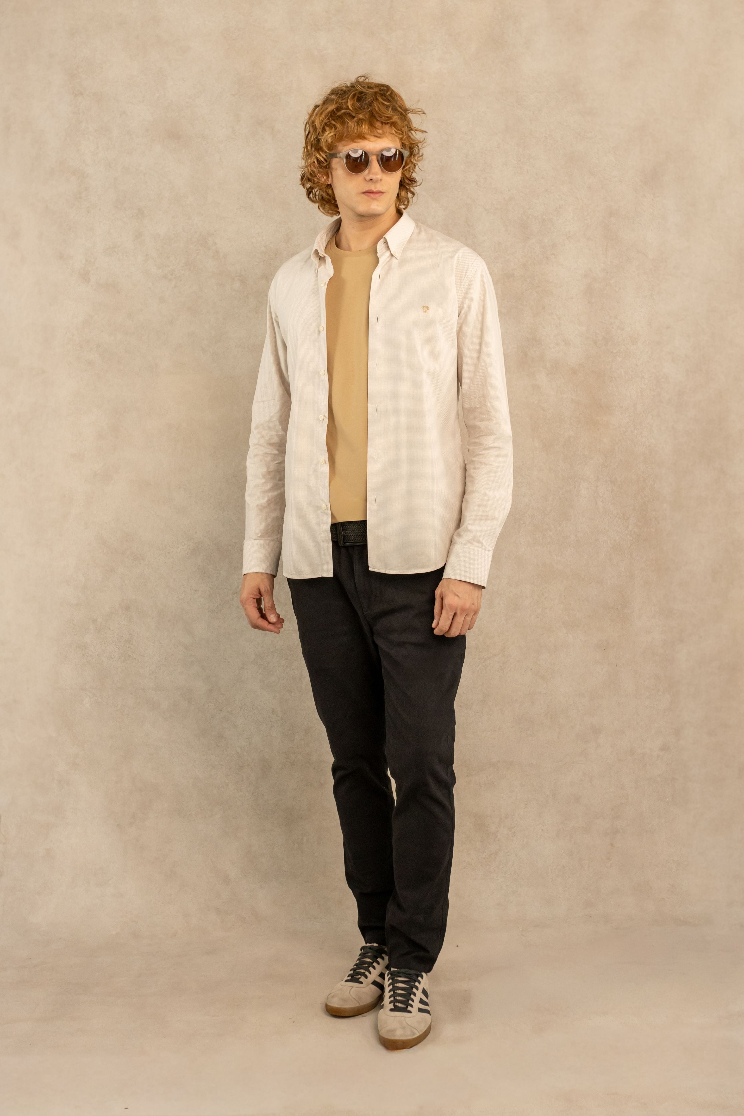 Camisa Antimanchas Popelina Cuadros Pequeños Beige