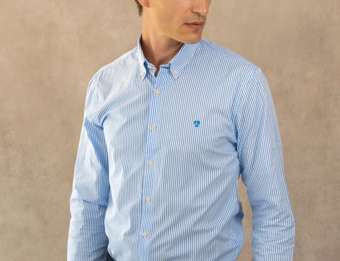 Camisa antimanchas Popelina Rayas yale marca DANTE de hombre tallaje regular fit foto modelo