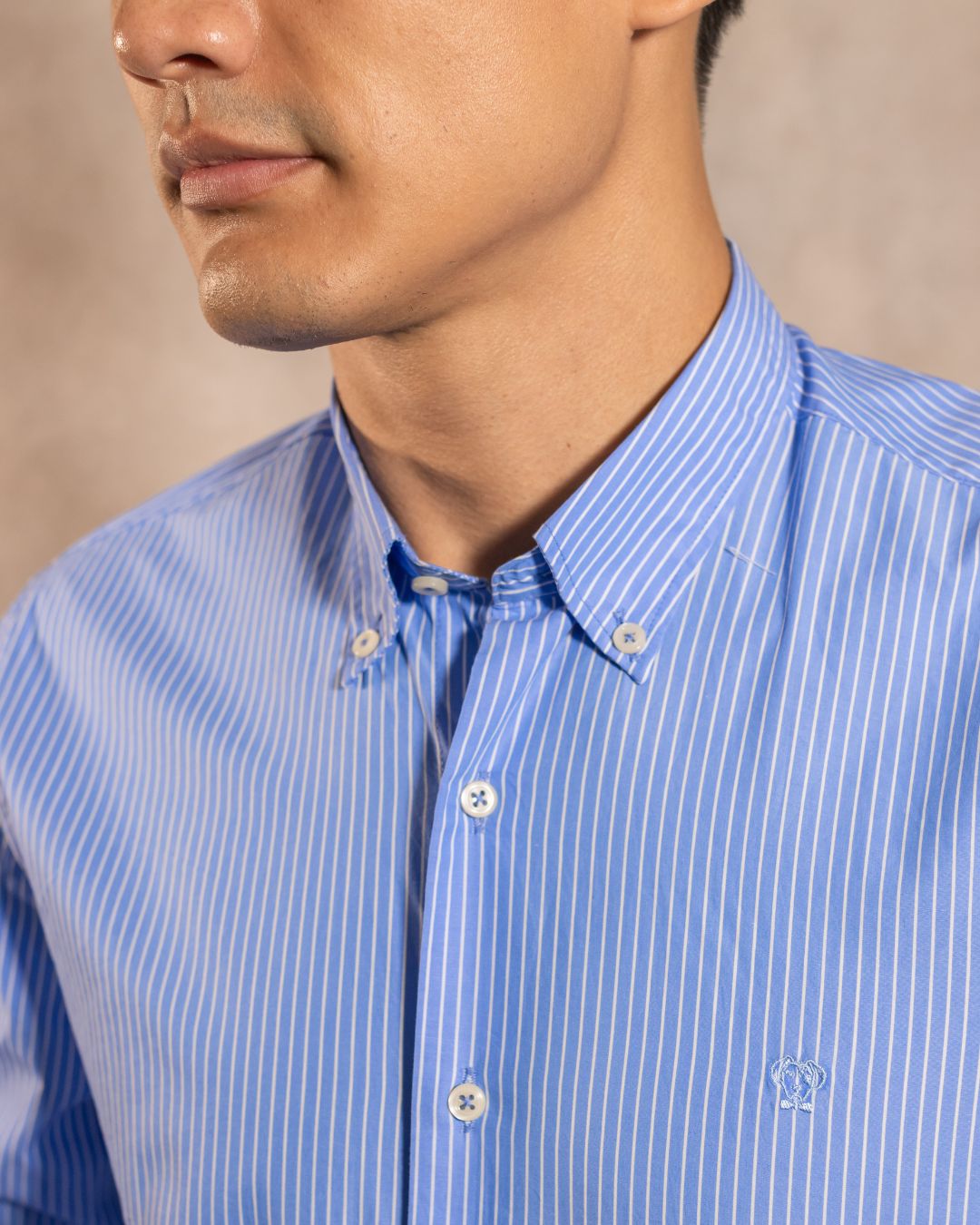 Camisa Antimanchas Popelina Rayas Azul Logo Contraste